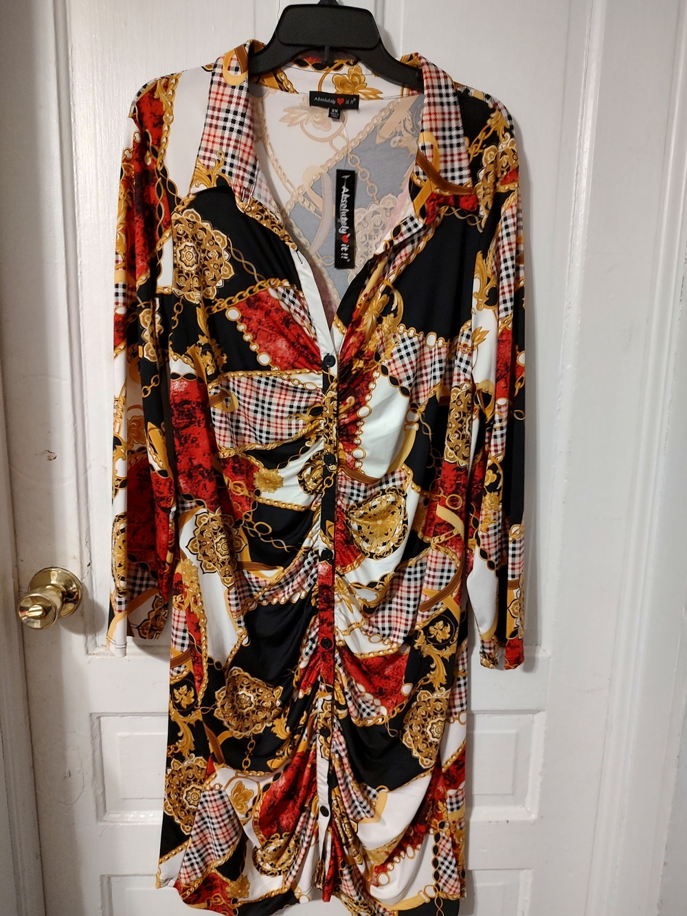 Absolutely Chain & Medallion Ruched Long-Sleeve Shirt Dress - Black/Red/Gold